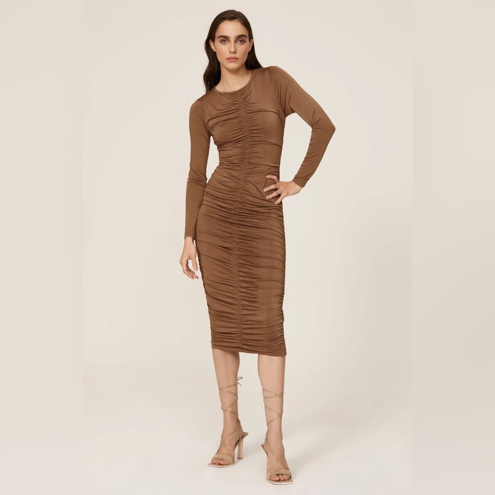 MINKPINK Willow Ruched Jersey Dress Brown Slinky Bodycon Size XXL